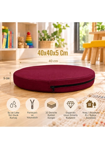 Kreş Anaokulu Yuvarlak Oyun Minderi Aktivite Minderi 40x40x5 Cm - Sandalye Minderi - Bahçe Dekor Minderi Yuvarlak Minder Bordo