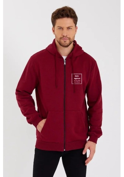 Efnaz Style Unisex Tam Fermuarlı Kapşonlu Özel Tasarım Sweatshirt - Bordo beyaz