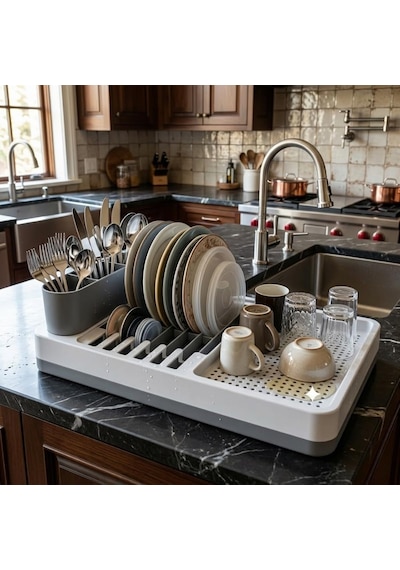 Deinhaus Tezgah Üstü Bulaşık Kurutmalık, Çok Bölmeli Tabak Ve Bardak Düzenleyici, Kaşıklıklı Mutfak Organizer 42 Cm Diğer