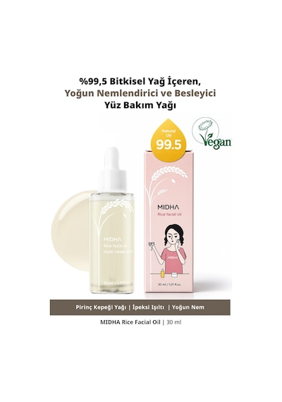 Midha Rice Facial Yoğun Nemlendirici ve Besleyici Pirinç Kepeği Yağı İçerikli Yüz Bakım Yağı 30 ML