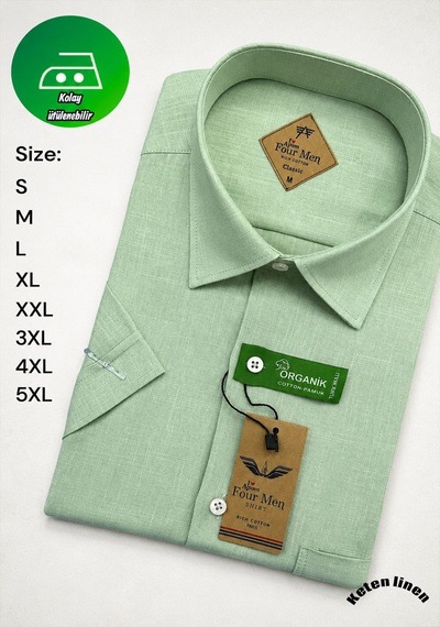 Beyome Erkek Keten Görünümlü Kısa Kollu Gömlek Rahat Kalıp Yazlık Nefes Alan Kumaş S-5xl Açık Yeşil