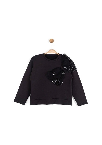 Kız Çocuk Dalgıç Kumaş Pullu Sweatshirt-16128 Siyah