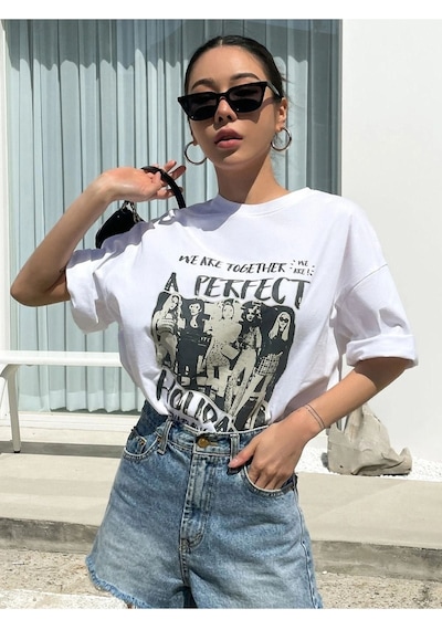 Unisex Beyaz A Perfect Baskılı Oversize Bisiklet Yaka T-shirt 001