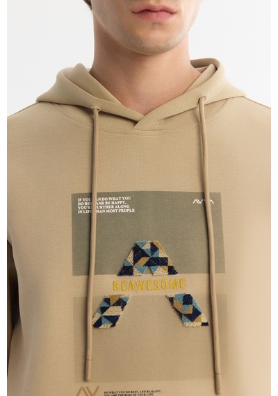 Avva Erkek Bej Kapüşonlu Pamuklu Baskılı Elastan Regular Fit Sweatshirt A42y1321