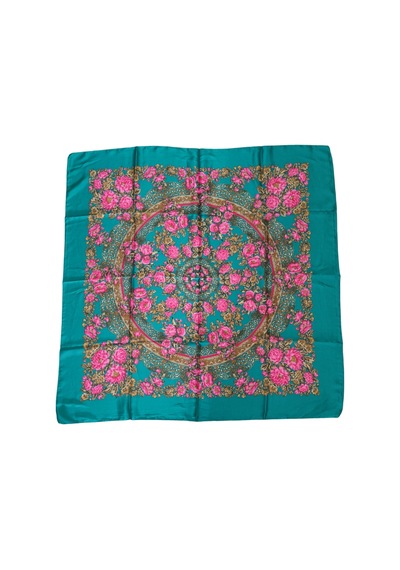 Tikitonki Pembe Çiçek Desenli Kare Kesim Nil Yeşili Eşarp - 90x90 Çok Renkli Çok Renkli
