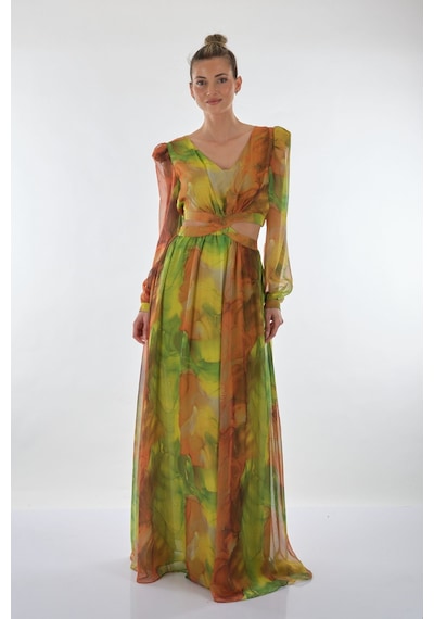 Explosion V Yaka Uzun Kol Maxi Şifon Elbise - Bohemian Stil Fıstık Yeşili