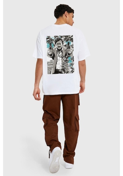 Gang Serıes Erkek Beyaz Oversize Pablo El Patron Baskılı T-shirt Beyaz