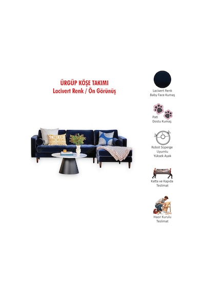 Ürgüp Lacivert Modern Köşe Koltuk Takımı Baby Face Yumuşak Kumaş Pofuduk Köşe Koltuk Sağ Köşe Lacivert