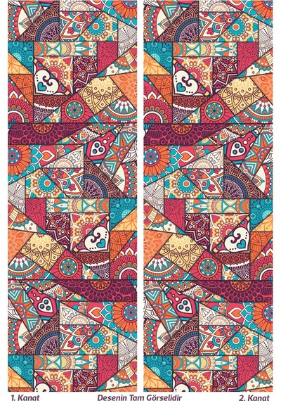 Mandala Etnik Desenli Süet Oturma Odası Salon Fon Perde Baskılı Ekstrafor Büzgü 2 Kanat Prd-1100 Çok Renkli
