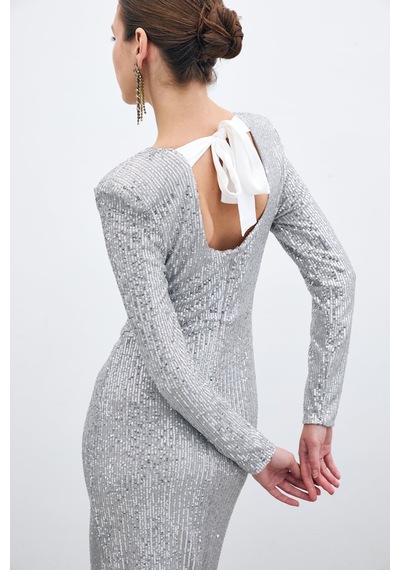 Sateen Sırt Dekolteli Payet Elbise - Gümüş-135581 Gümüş