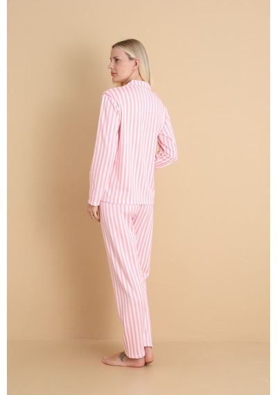 Wordex Mirano 9801 Şardonlu Soft Kışlık Düğmeli Çizgili Kadın Pijama Takım Pembe