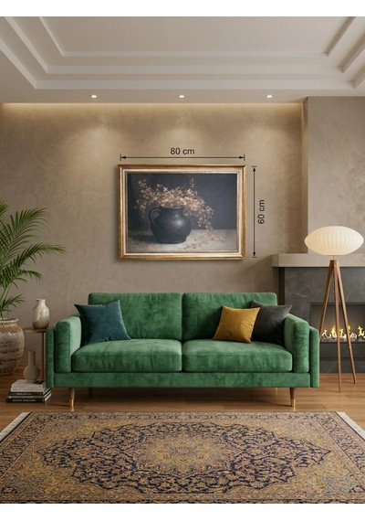 Vintage Gold Çerçeveli Natürmort Siyah Saksı Dekoratif Tablo 60x80 Cm