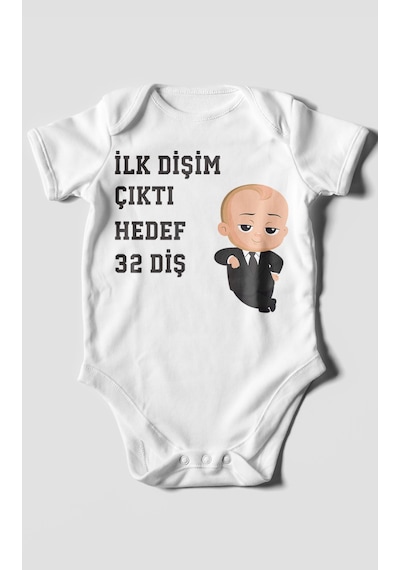 Morivokids İlk Dişim Çıktı Hedef 32 Diş Kısa Kollu Bebek Body Beyaz