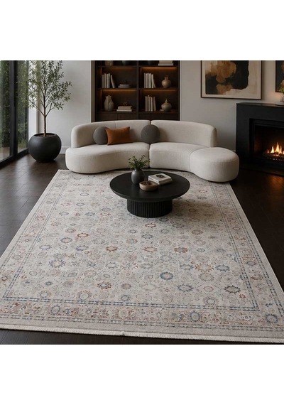 Otantik Modern Eskitme Saçaklı Dokuma Salon Halısı Krem Mavi Kiremit 200x290 Cm 1
