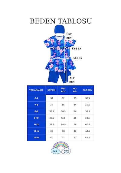 My Kids Wear Kız Çocuk Desenli Şortlu Bone Li Mayo Takımı 12570 Mavi