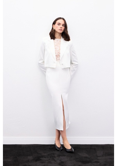 Sateen Yırtmaçlı Midi Etek - Ekru-136987 Ekru