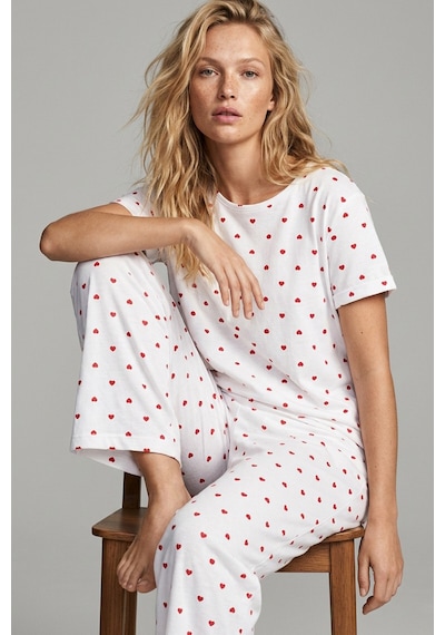 Siyah İnci Pamuklu Örme Pijama Takımı 8025 Beyaz Kırmızı Kalp