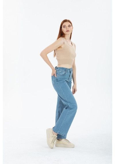 90's Kar Yıkama Kar Mavi Likralı Süper Yüksek Bel Wide Leg Salaş Jeans Palazzo Pantolon