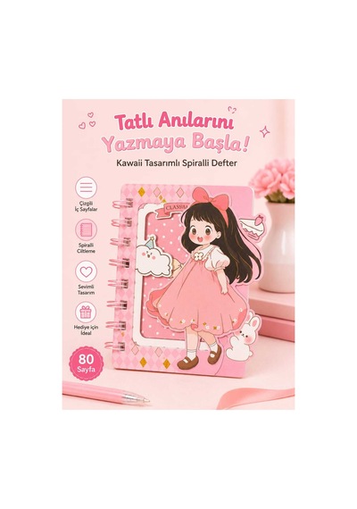 Sevimli Kız Figürlü Pembe Spiralli Mini Defter Çizgili Not Defteri Pembe Pembe