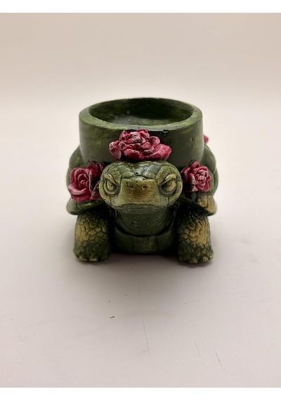 Kaplumbağa Çiçekli Tealight Mumluk Mavi Altın Reçine