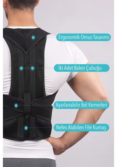 Dik Duruş Korsesi Çift Balenli Sırt Korsesi Kamburluk Önleyici Medikal Bel Korsesi Unisex Siyah