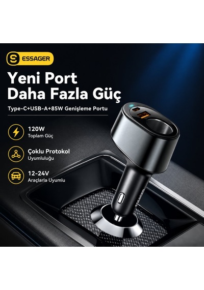 Essager 120w Süper Hızlı Araç Şarj Cihazı 35w Type-c + 30w Usb Hızlı Şarj Ve 85w Çakmaklık Çoklayıcı