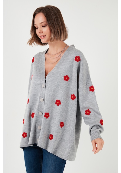 Lela Oversize Fit Çiçekli Düğmeli V Yaka Soft Akrilik Bayan Hırka 4616192 Açık Gri