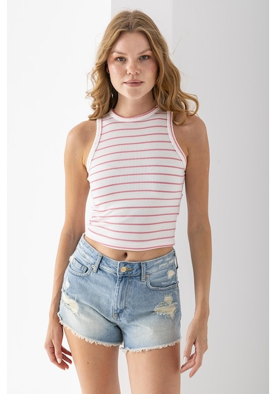 Giysa Kadın Bisiklet Yaka Kolsuz Çizgili Basic Body Pembe - 25507 Pembe