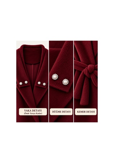 Miss Meliss İnci Detaylı Şık Fox Kumaş Kaban Bordo Bordo