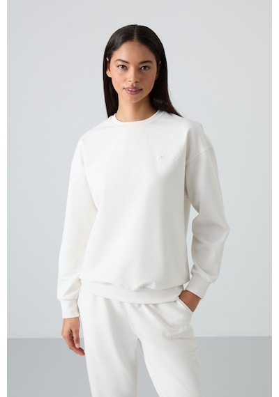 Tommy Life Ekru Basic Pamuklu O Yaka Oversize Lastik Paça Kadın Eşofman Takım - 95287 Ekru