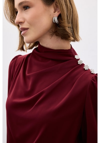 Sateen Düğmeleri Taş Detaylı Bluz - Bordo-136421 Bordo