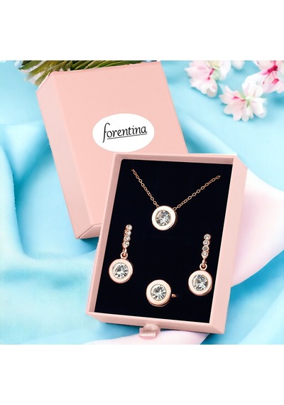 Forentina Rose Yuvarlak Kolye Küpe Yüzük Pembe Kutuda Hediye Takı Seti Ps3376 Çok Renkli