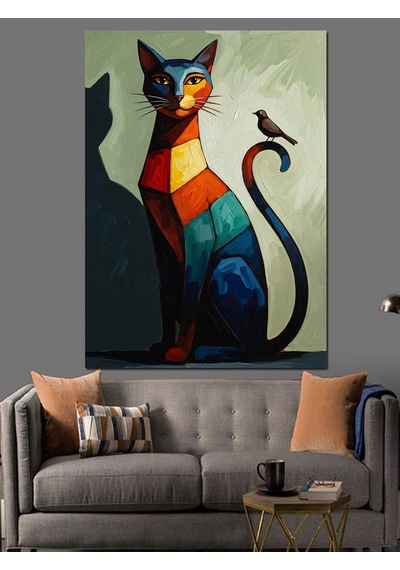 Geometrik Renkli Modern Kedi Tablosu Dekoratif Kanvas - Mdf Ahşap Tablo