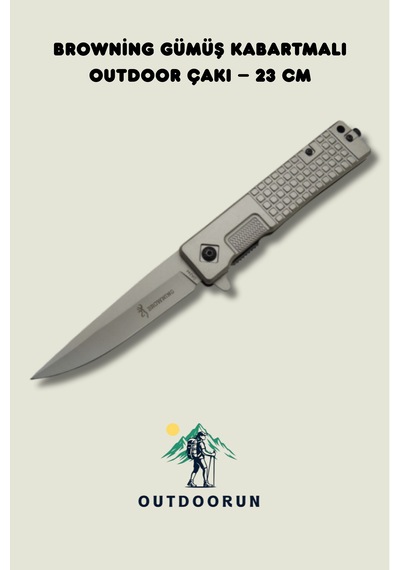 Browning Gümüş Kabartmalı Outdoor Kamp Çakı 23 Cm Açık Gri