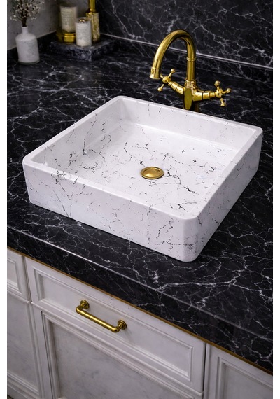 Mermer Desenli Tezgah Üstü Kare Model Taş Lavabo 45 X 45 Cm Beyaz
