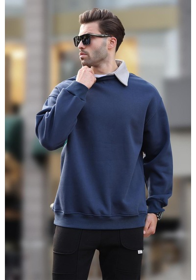 Madmext Lacivert Polo Yaka Erkek Sweatshirt 7086 Lacivert