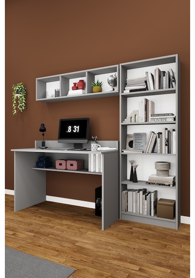 Asra Trend Çalışma Masası Seti ÇMT001 %100 MDF Kitaplıklı Raflı Ofis Takımı Kül Gri