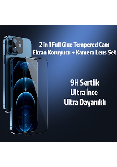 Apple Uyumlu   iPhone 12 Mini 2In1 Full Glue Tempered Cam Ekran Koruyucu Siyah (500283146)