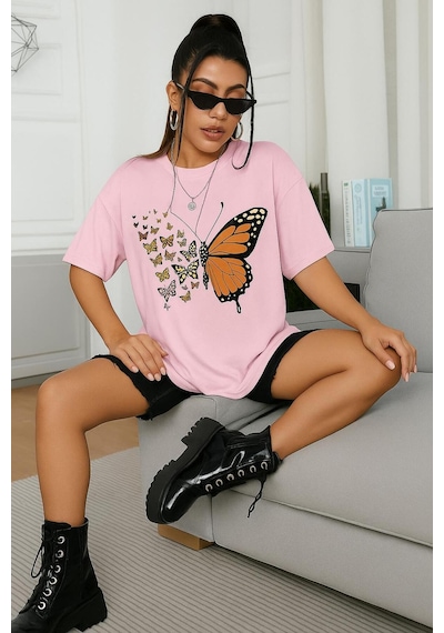 Kelebek Baskılı Oversize Unisex Tişört Pembe