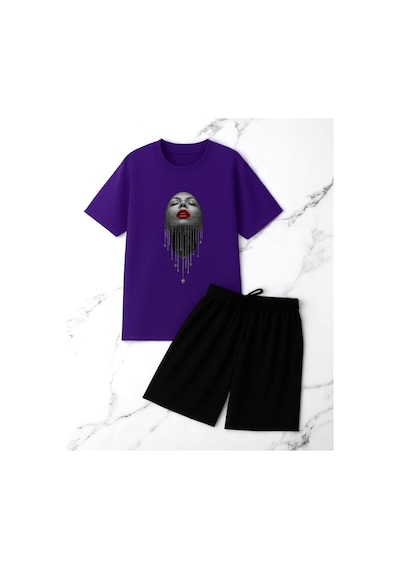 Uyguntarz Unisex Pırlantalı Kadın Portresi Tasarım Basklı Tshirt Şort Takımı Mor