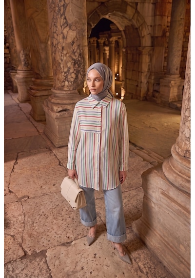 Armine Trend Çizgili Asimetrik Blok Detaylı Düğmeli Uzun Kollu Oversize Gömlek Tunik 90 Cm Boy Oranj 26yt490