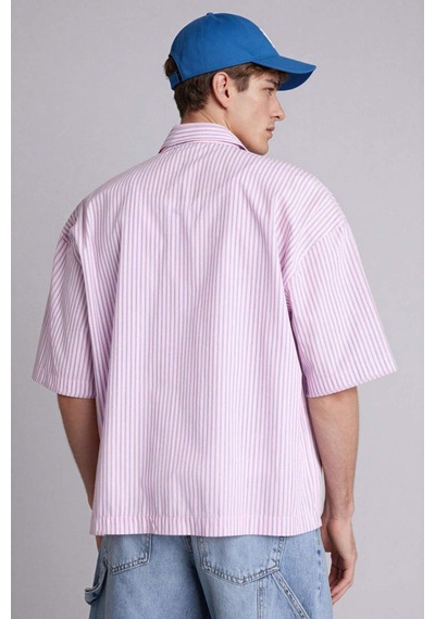Defacto Boxy Fıt Polo Yaka Baskılı Çizgili Kısa Kollu Gömlek G4137ax26smpn105 Pembe-pn105