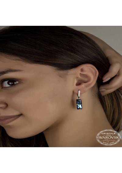 Swarovski Crystal Taşlı Gümüş Mavi Baget Sallantılı Kadın Küpe Diğer