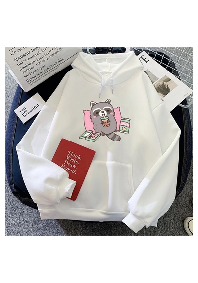 Tarzsokak Beyaz Sevimli Rakun Yeme Kabarcık Süt Çay Hoodies Rahat Kawai