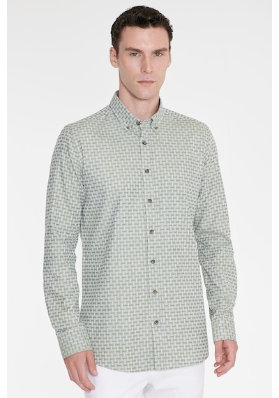 Ac&Co / Altınyıldız Classics Erkek Yesıl %100 Pamuk Slim Fit Dar Kesim Düğmeli Yaka Armürlü Gömlek Yeşil