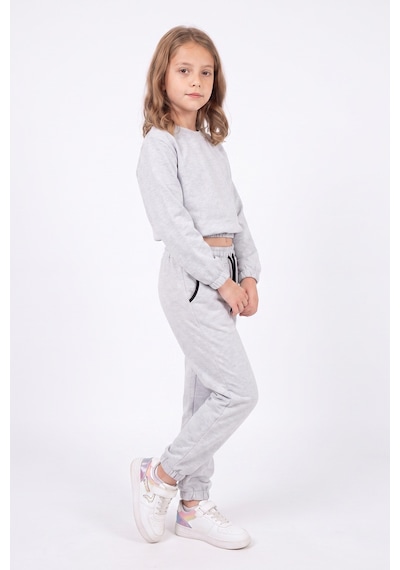 Fyk Kids Kız Çocuk Yuvarlak Yakalı Cep Biye Detaylı Düz Baskısız Paça Lastikli Alt Üst Eşofman Takımı Gri