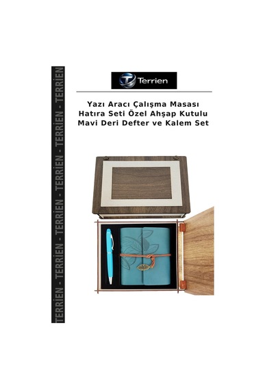 Yazı Aracı Çalışma Masası Hatıra Seti Özel Ahşap Kutulu Mavi Deri Defter Ve Kalem Set Çok Renkli