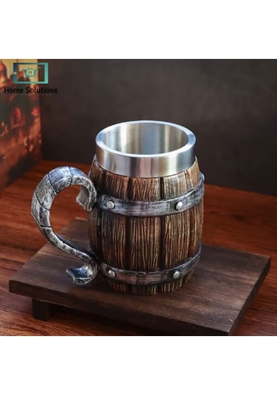 Ahşap Fıçı Görünümlü 380 Ml İçi Çelik Kupa Bardak - Viking Ve Orta Çağ Temalı Rustik Kupa
