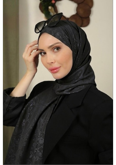 Flora Tekstil Çiçekli Desen İnce Medine İpeği Jakar Şal Siyah