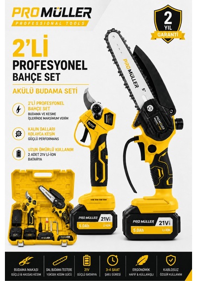 Pro Müller Profesyonel Series 21 V Çift Akülü Çelik Şanzıman Dal Budama Makası & Dal Budama Testeresi 2 Li Set